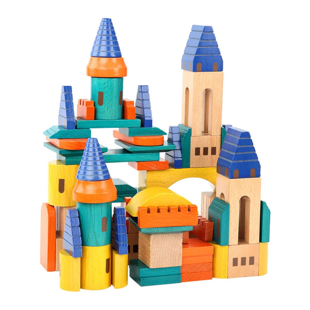 Xylolin Wooden Castle Building Blocks Set, Big Solid Beech Wood Toddlers Stacking Block Toy, Kids Construction Playset for Boys Girls 69 Pieces Set