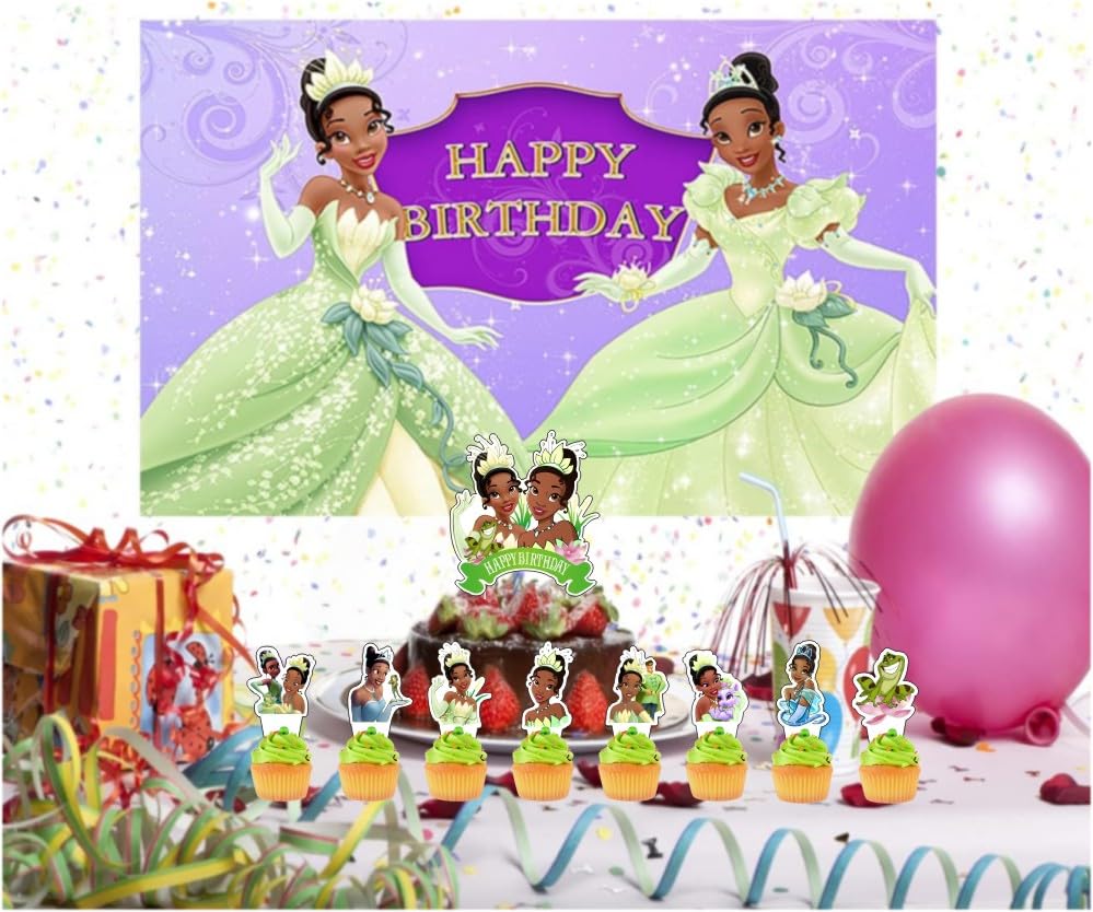 25Pcs Princess Frog Cake Decorations with 24pcs Cupcake Toppers 1pcs Cake Topper for Tiana Birthday Party Supplies