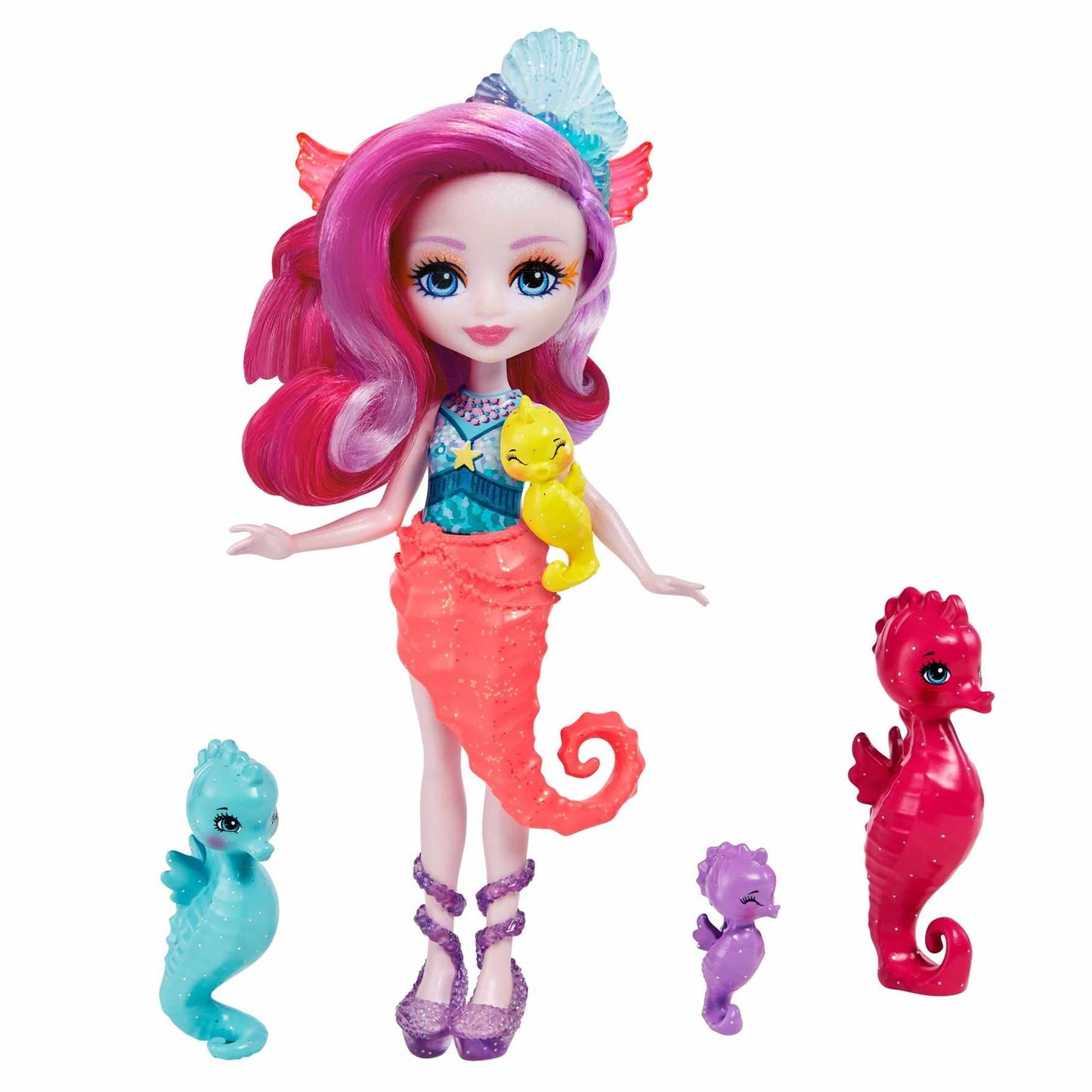 Mattel Enchantimals Family Set with Sedda Seahorse Small Doll & 4 Animal Sibling Figures, Ocean Kingdom Toy Collection