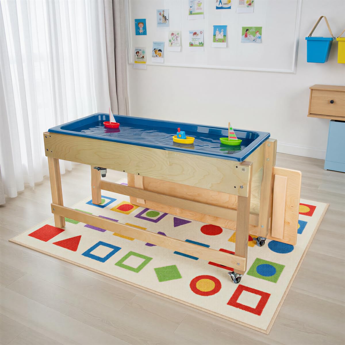 GREENGUARD Gold Certified Sand and Water Activity Table for Kids, Birch Plywood Classroom Sensory Play Table with Plastic Tub, Locking Casters