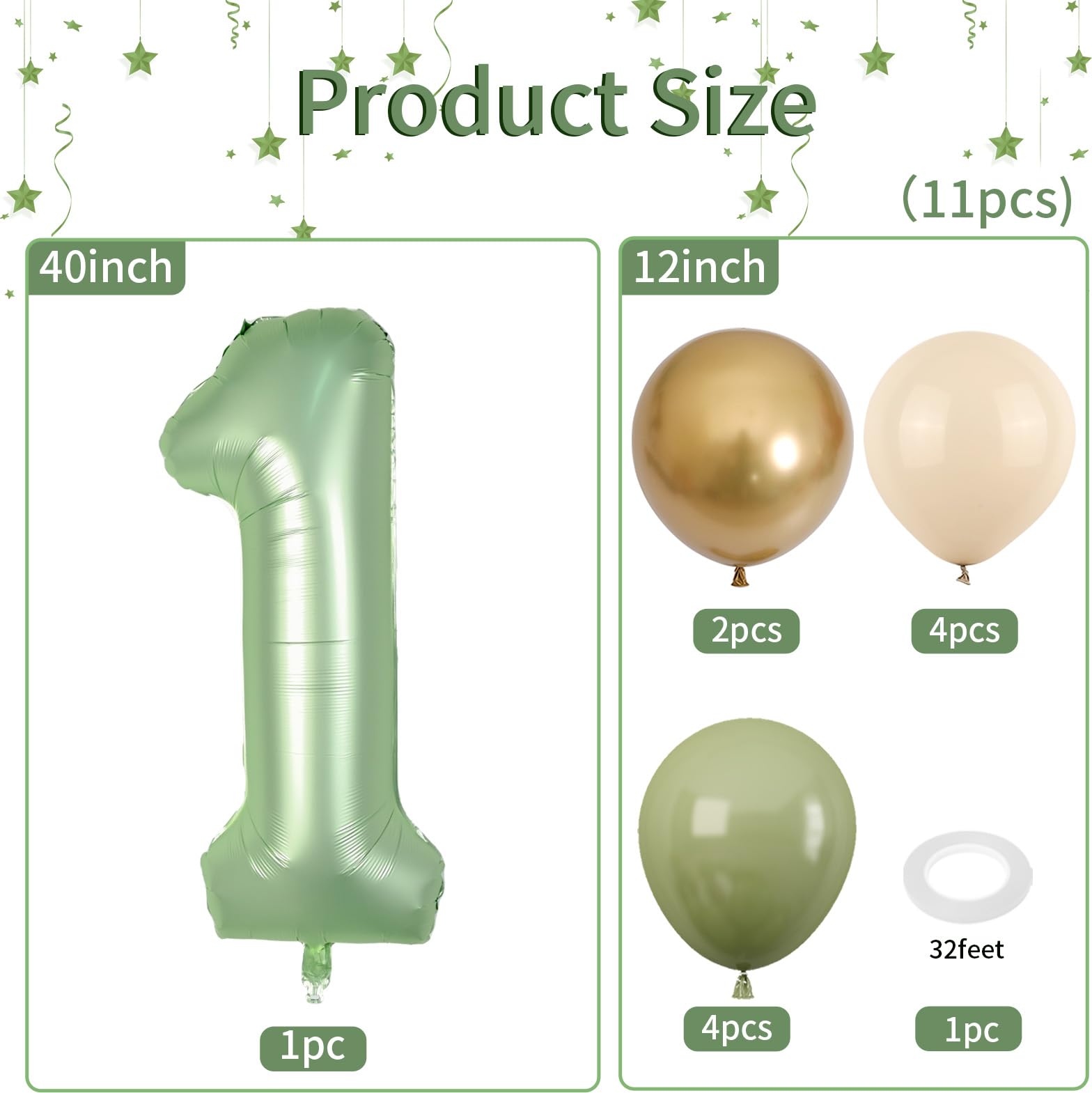 40 Inch Sage Green Number 1 Balloon, Olive Green 1st Birthday Balloons, Retro Sand White Avocado Green Gold Latex Balloons 1 Foil Balloon for Boy Girl
