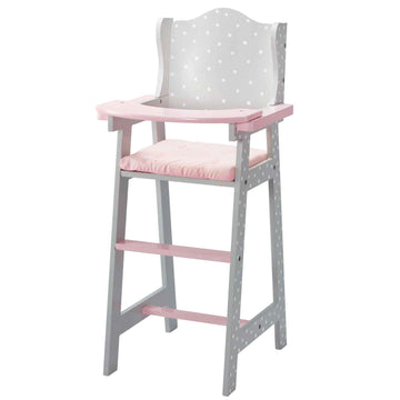 Olivia's Little World Doll High Chair for Baby Dolls, Wooden Doll Play Furniture with Pastel Polka Dot Princess Print & Fabric Seat for 16" to 18"
