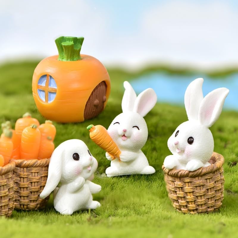 CCUUHJ 7 Pcs Bunny Kit Resin Miniature Figurines Fairy Garden Accessories,Mini Straw Basket Carraot Figures Rabbit Ornaments for Easter Egg Fillers