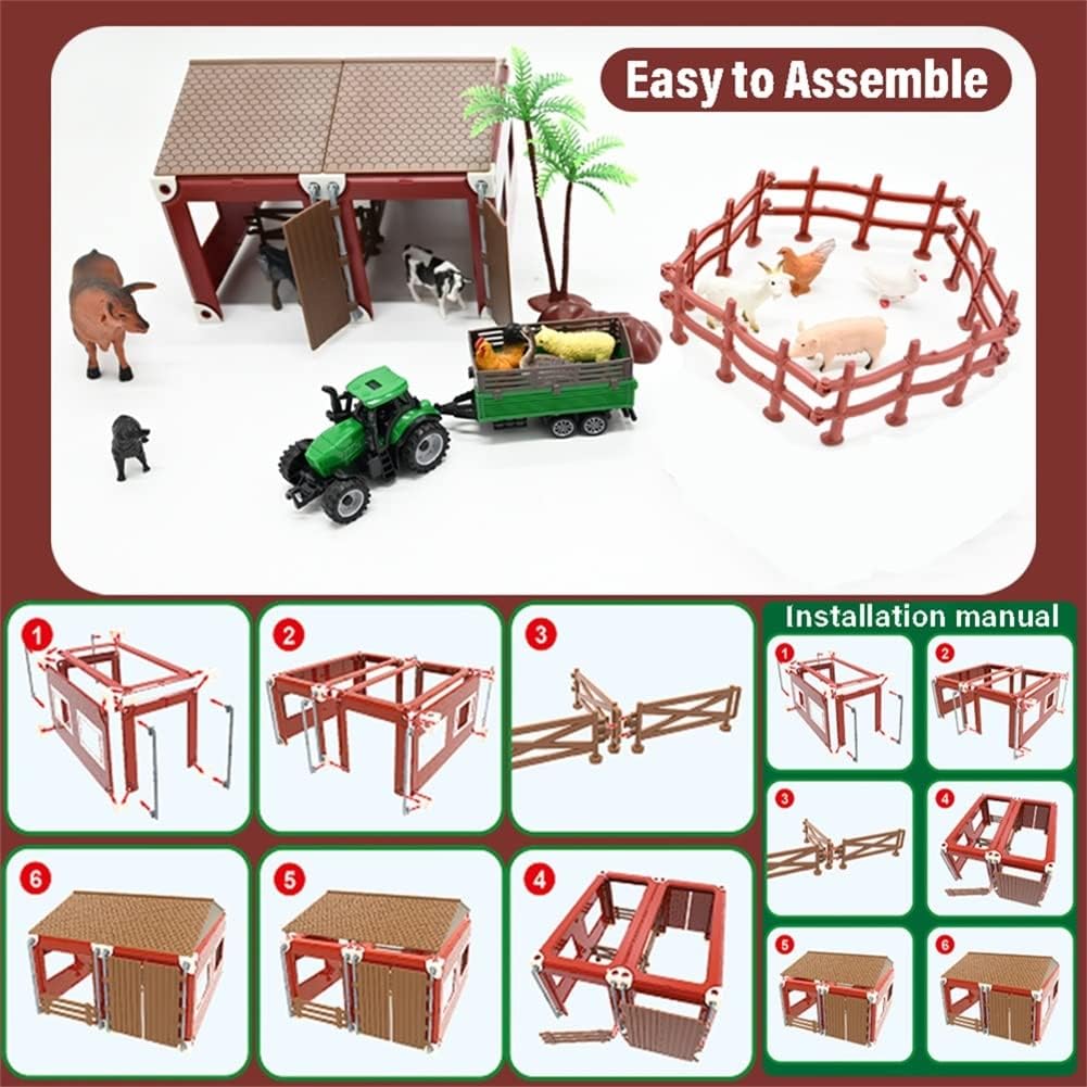 Mini Toy Barn Farm Toys Playset, 66PCS Plastic Farm Animals Figurines and Fence Farm Playset, Farm Figures Farmer Vehicle Toy Truck with Trailer
