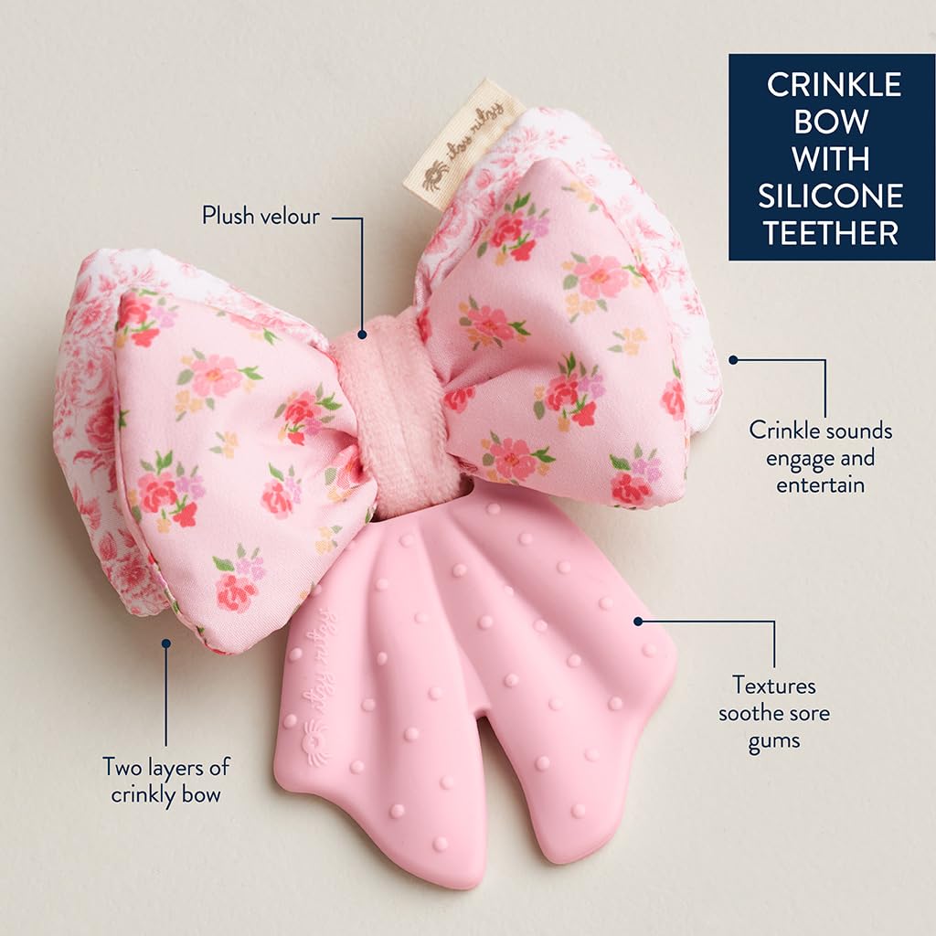 Itzy Ritzy Crinkle Teether Toy - Bow Teething Toy Includes Silicone, Velour & Crinkle Material - Features Multiple Textures for Teething Relief
