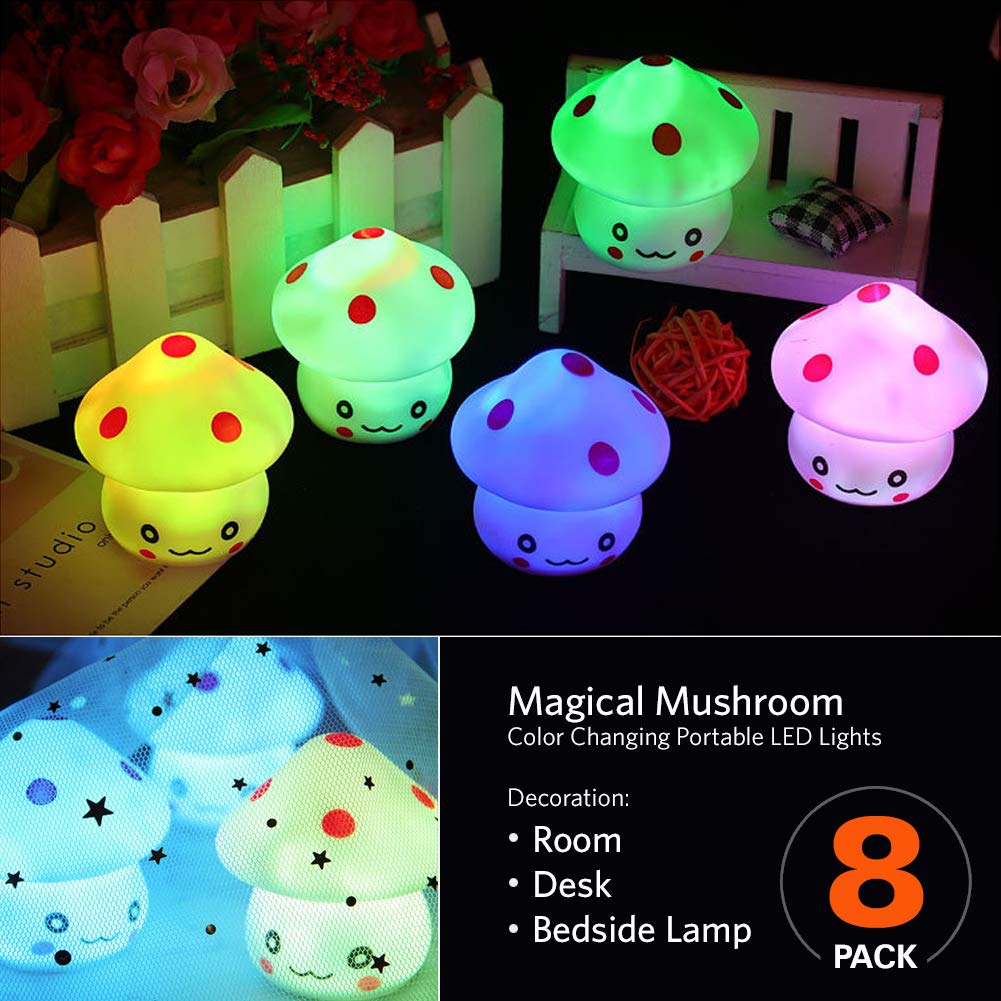 TornadoZ LED Light Up Color Changing Mushroom Toy (8 Pcs) | Multi-Color Flashing LED Night Light Lamp | Cute & Fun Creative Kids Toy | Home, Birthday