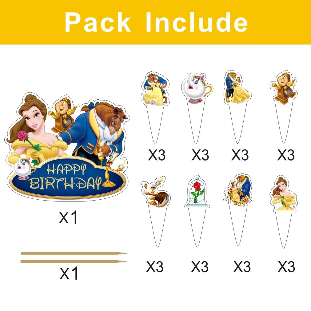 25Pcs Beauty & Beast Cake Decorations with 24pcs Cupcake Toppers 1pcs Cake Topper for Girls Birthday Party Supplies