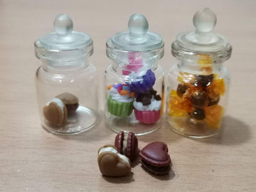 3pc Miniature Food Chocolate Cake Candy Cookie Dollhouse Cake in Clear Glass Mini Bottle Fruit Food #MF091