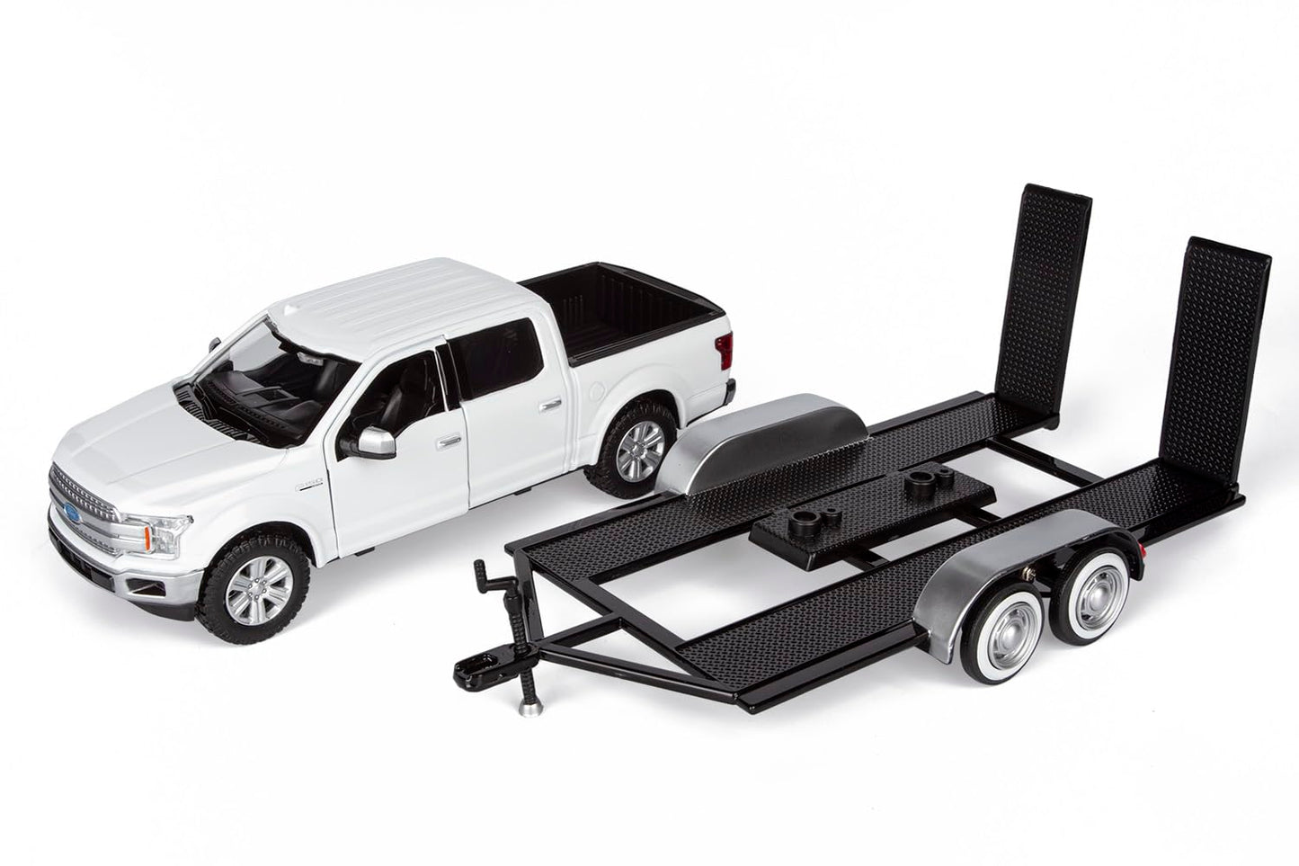 Motormax 2019 Ford F-150 Lariat Crew Cab Pickup Truck with a Car Hauler, Truck & Tow Trailer Combo - 1/27 Scale Diecast Model, White, All Star Toys