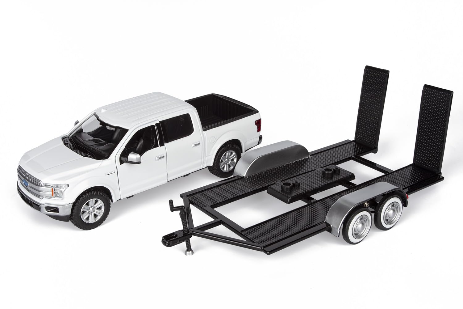 Motormax 2019 Ford F-150 Lariat Crew Cab Pickup Truck with a Car Hauler, Truck & Tow Trailer Combo - 1/27 Scale Diecast Model, White, All Star Toys
