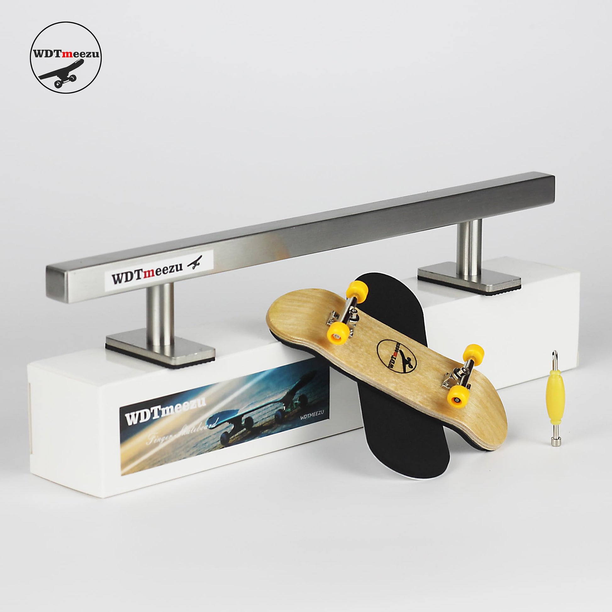 WDTMEEZU 32mm Wood Bearing Wheel Fingerboard and 10" Long Metal Flat Fingerboard Rail Combination Package