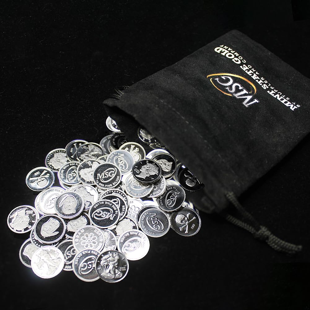 CoinFolio Five (5) One Gram .999 Fine Silver Rounds with Random Designs in a Jewelry Pouch by Mint State Gold