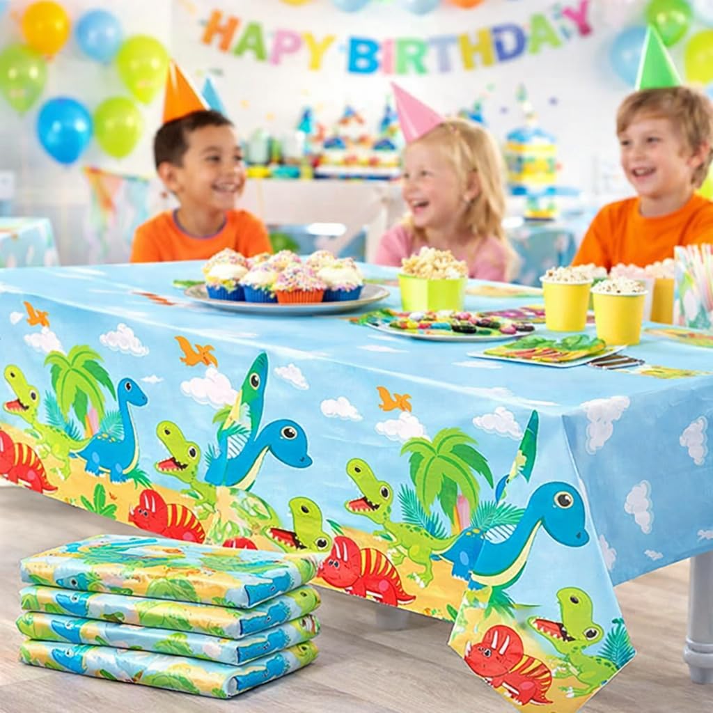Oojami 4 Pack Dinosaur Tablecloths for Birthday Party, 54 x 108 Inch Plastic Table Covers, Dinosaur Party Decorations, Leak-Proof Kids Dino Table