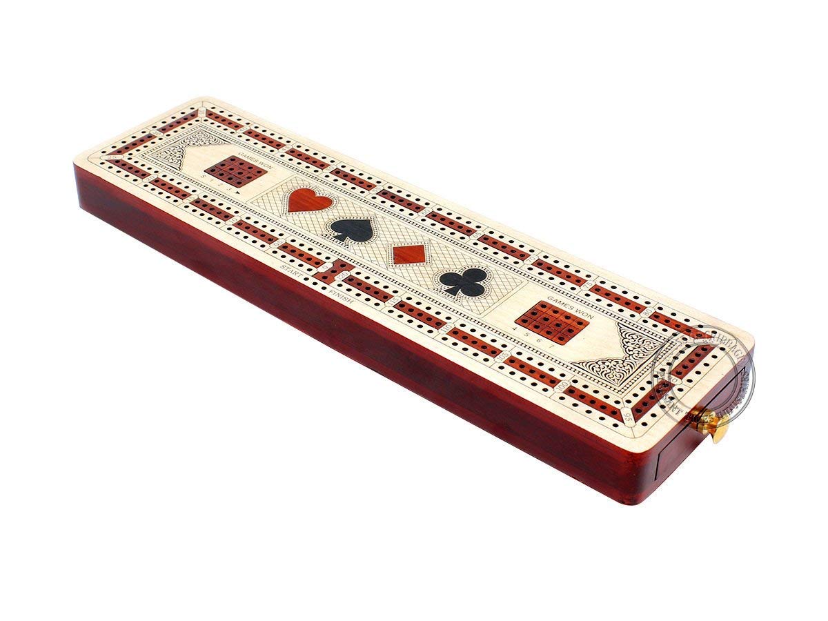 House of Cribbage - 3 Track Continuous Cribbage Board Inlaid in Maple Wood/Bloodwood - Size: 12.5 Inch - Wood Inlaid Card Symbols (Suits) + Storage