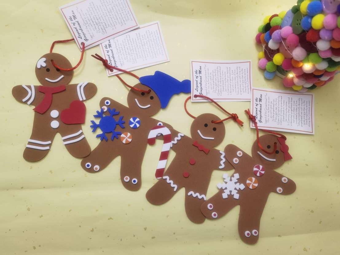 4E's Novelty Legend of Gingerbread Man Ornament Craft - 12 Pack Bulk Foam Christmas Ornaments Set, Ages 3-12, Self-Adhesive, DIY Ornaments