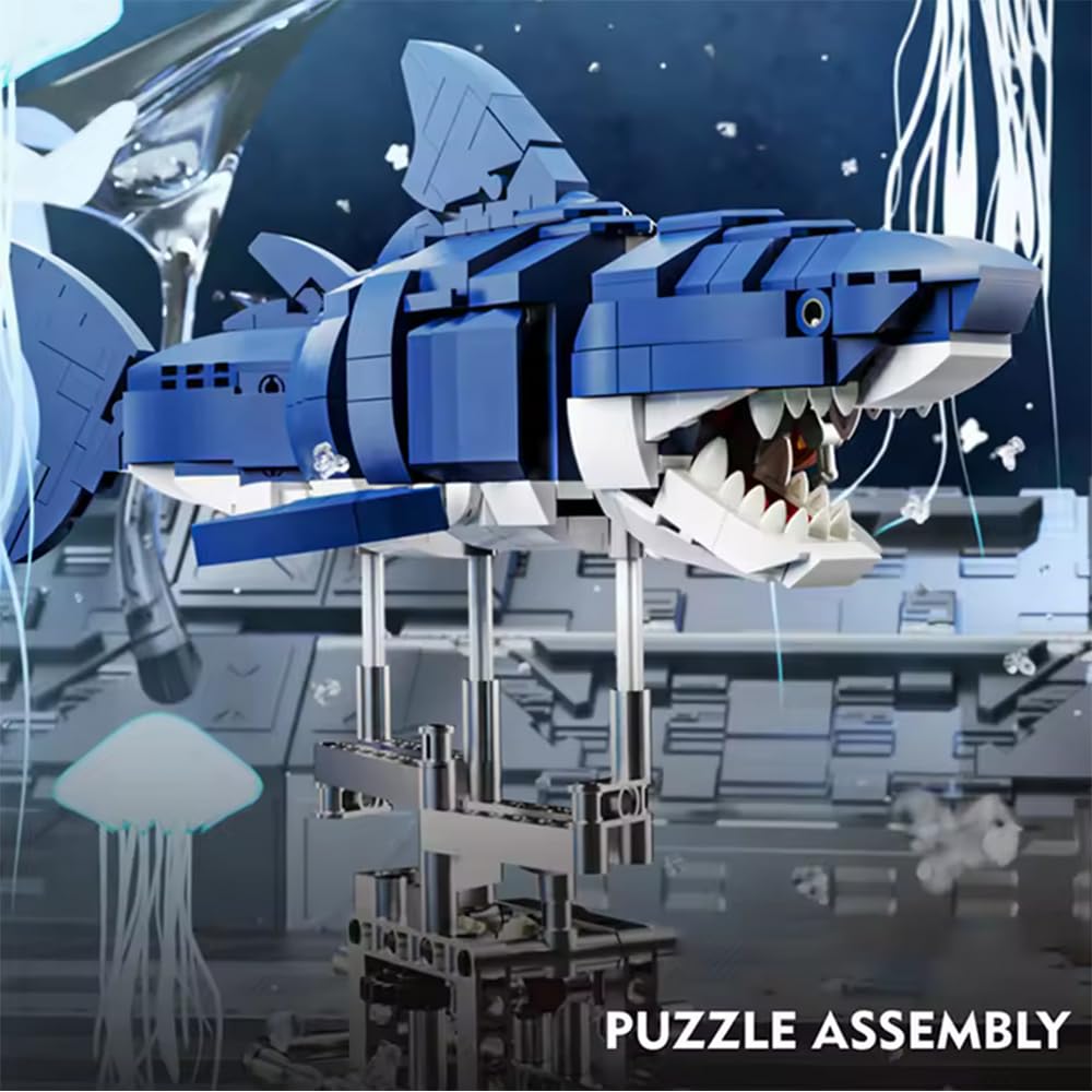 YAOZEBIN Mechanical Shark Building Set for Boys 12-20 with LED Light and Display Stand, 687 PCS Rotatable Function Sea Animal STEM Toy, Home Decor