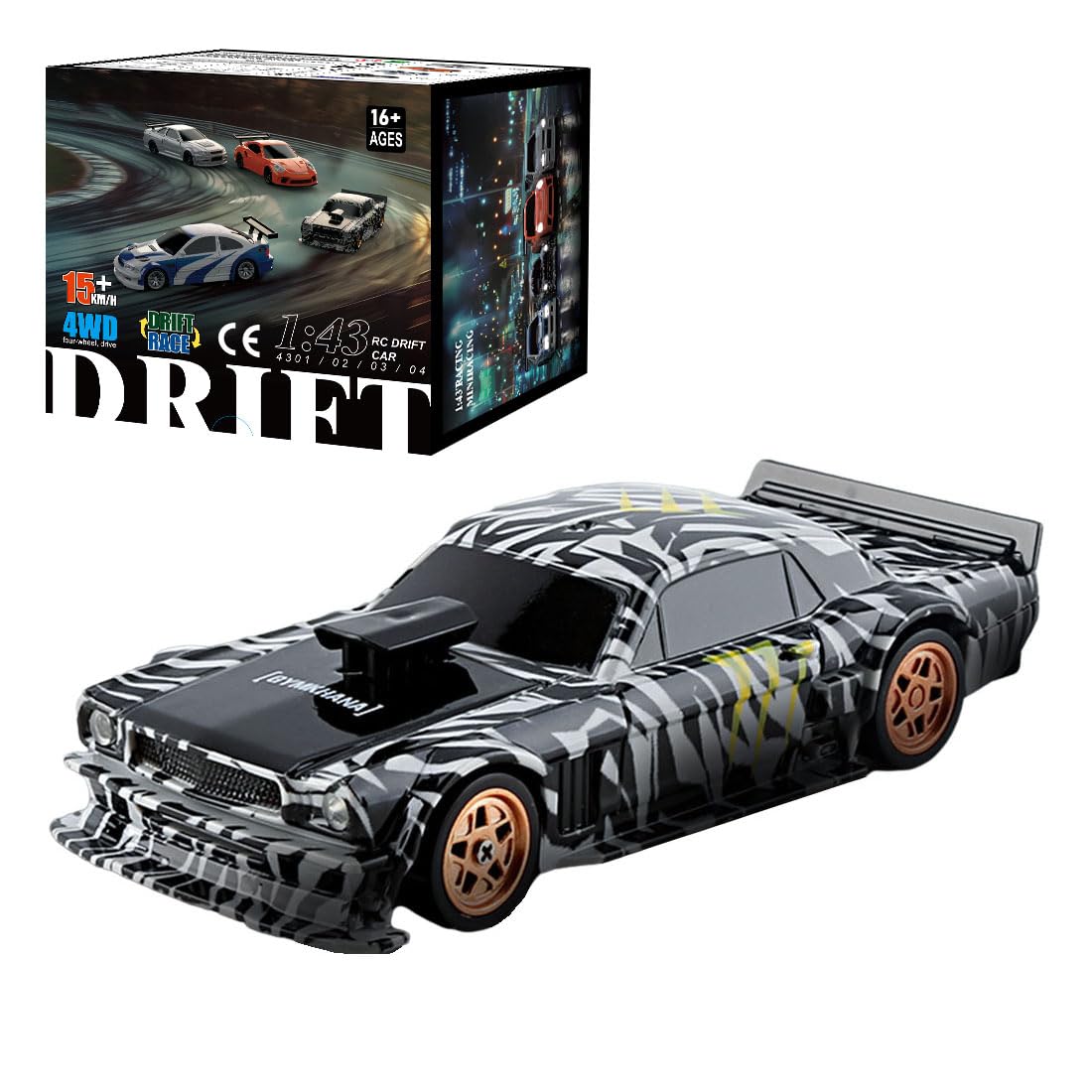 XeleMush 1/43 Mini RC Drift Car, 2.4G 4WD 15KM/H Full-Proportion RC Electric Racing Car Model with LED Lights, Remote Control Fast Vehicle