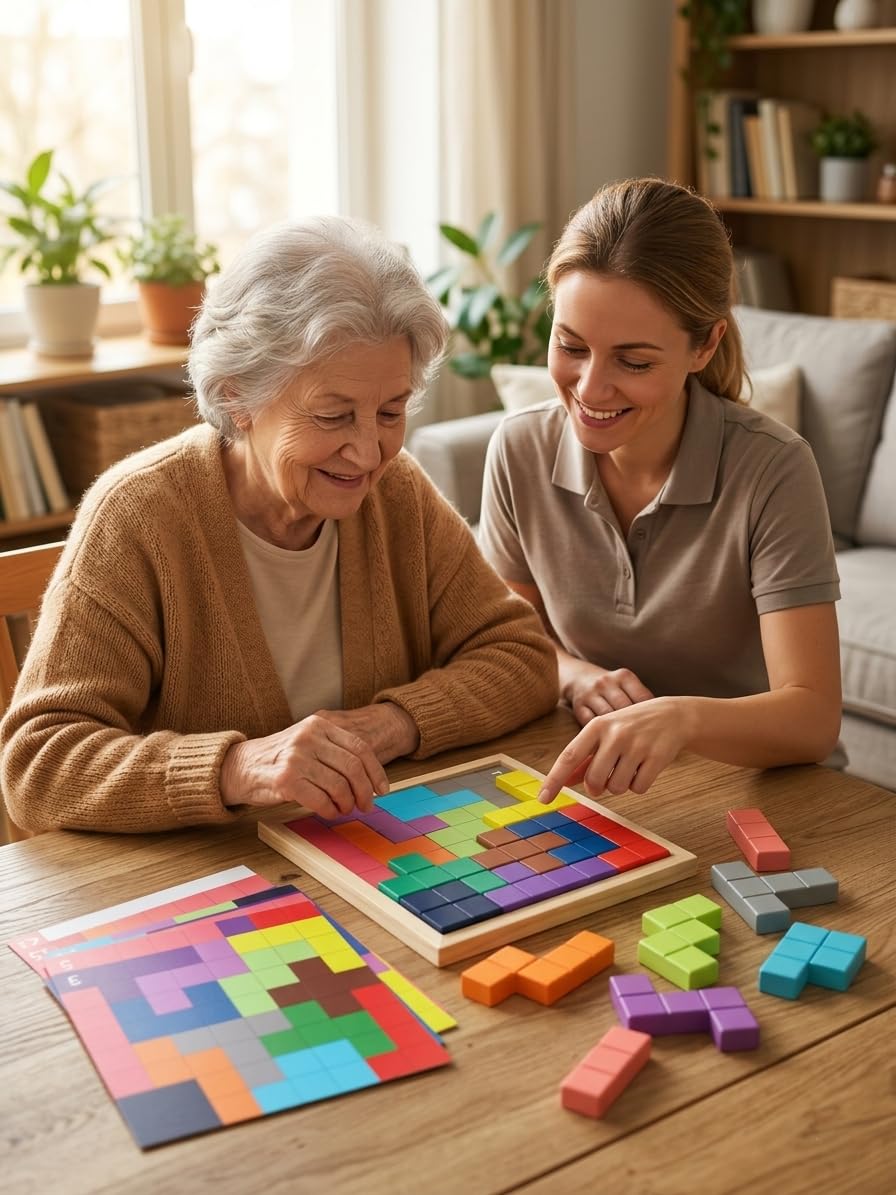 Dementia Activities for Seniors, 2 in 1 Cognitive Games for Elderly: Tile Matching Puzzle & Memory Q&A, 15 Wooden Blocks, 26 Templates, Alzheimer's