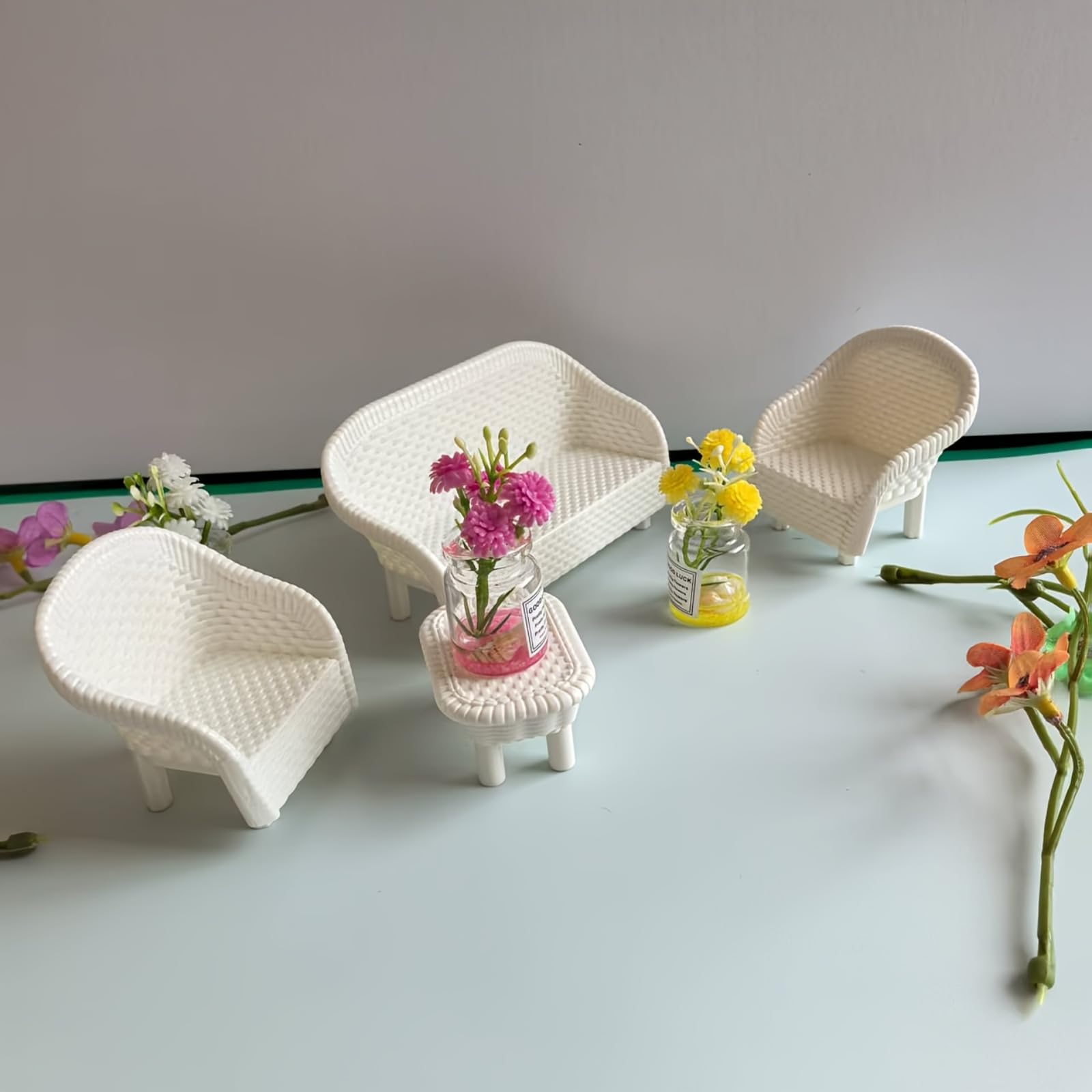 4 Pack Miniature White Wicker Tea Table and Chair Set, Dollhouse Furniture Decor for Bedroom, Handcrafted Miniature Furniture