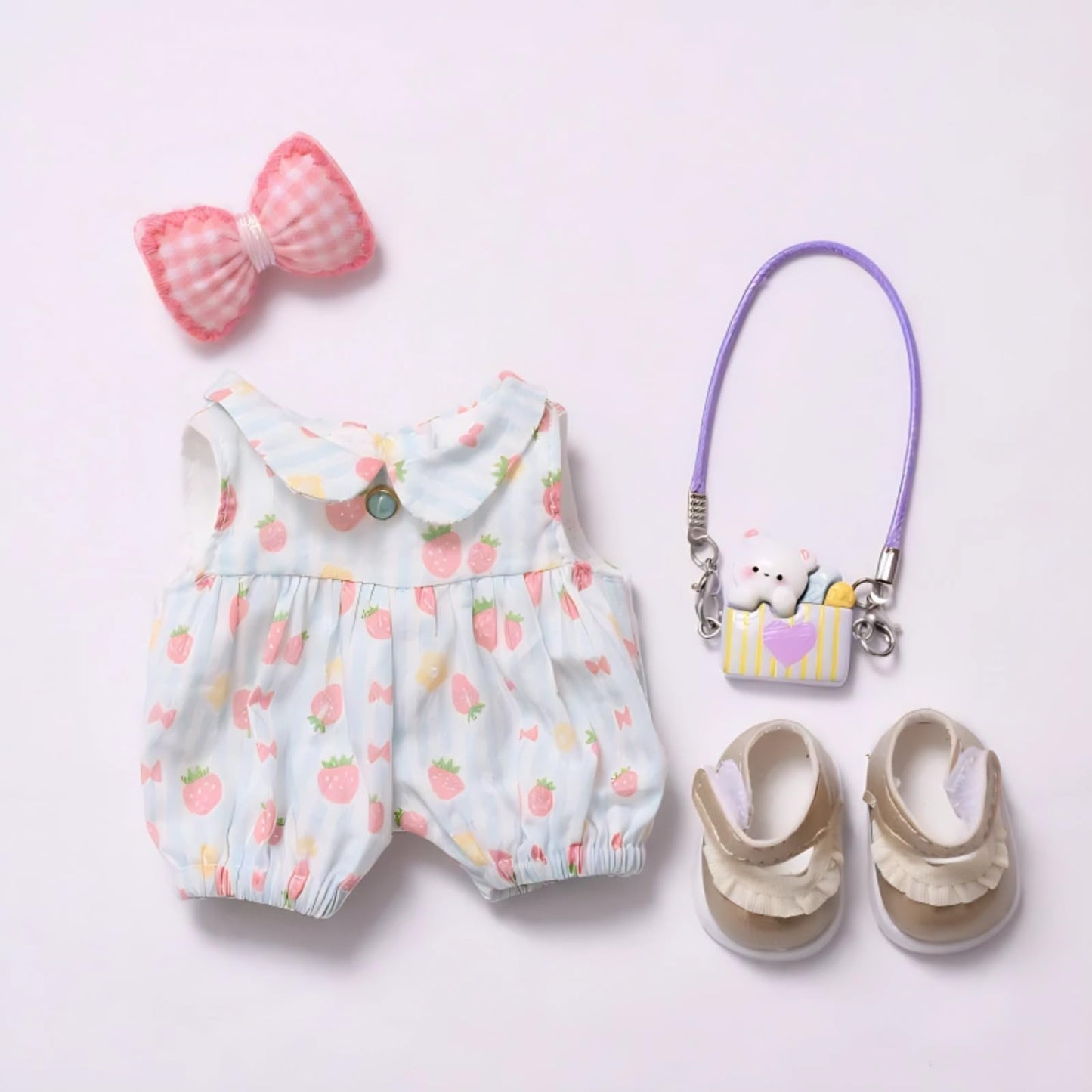 Cute Strawberry Romper Set for Labubu Dolls - Includes Bow, Mini Bag & Ruffled Shoes (Blue)