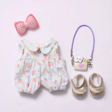 Cute Strawberry Romper Set for Labubu Dolls - Includes Bow, Mini Bag & Ruffled Shoes (Blue)