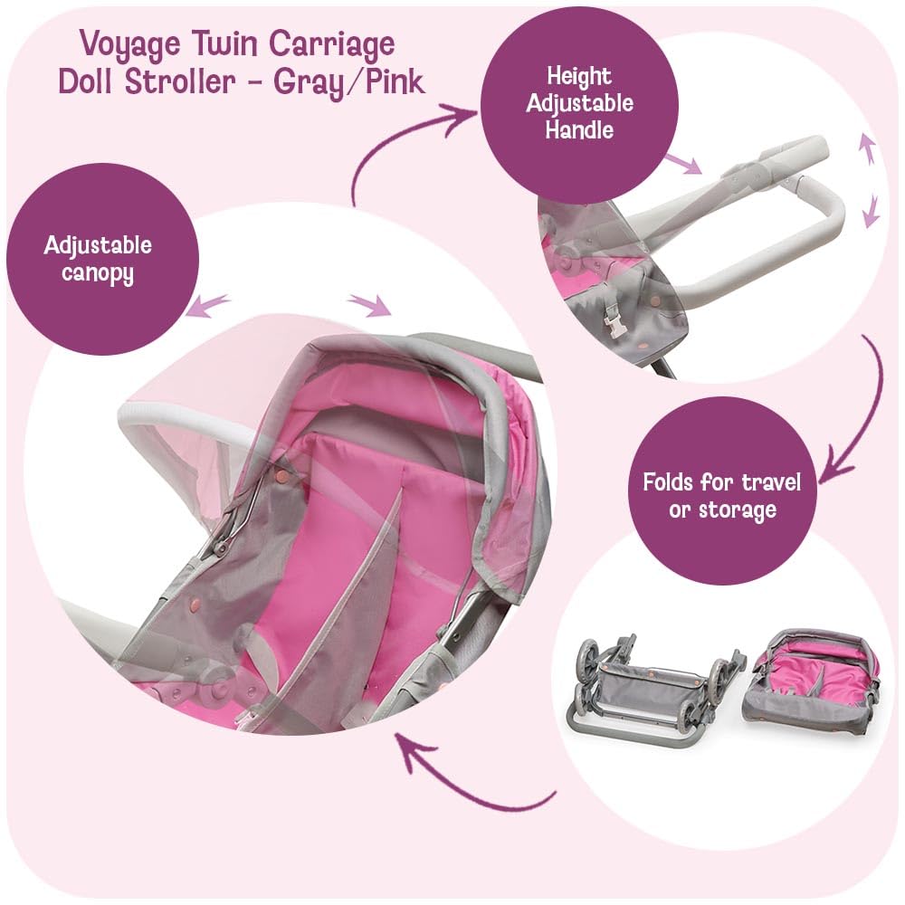 Badger Basket Voyage Twin Carriage Doll Stroller for 18 to 20-Inch Dolls with Rotating Pram Handle and Storage Features - Perfect for Little Mommies