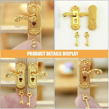 1/12 Miniature Door Handle, 2 Pair Left and Right Handles Dollhouse Decoration Accessories, Gold