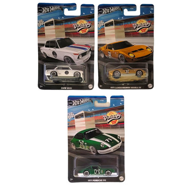 Hot Wheels 2024 Vintage Racing Club - 3 Car Bundle (HRT81?956A) | BMW 2002, Lamborghini Miura SV, Porsche 911 | 1:64 Scale Die?Cast Collector Cars