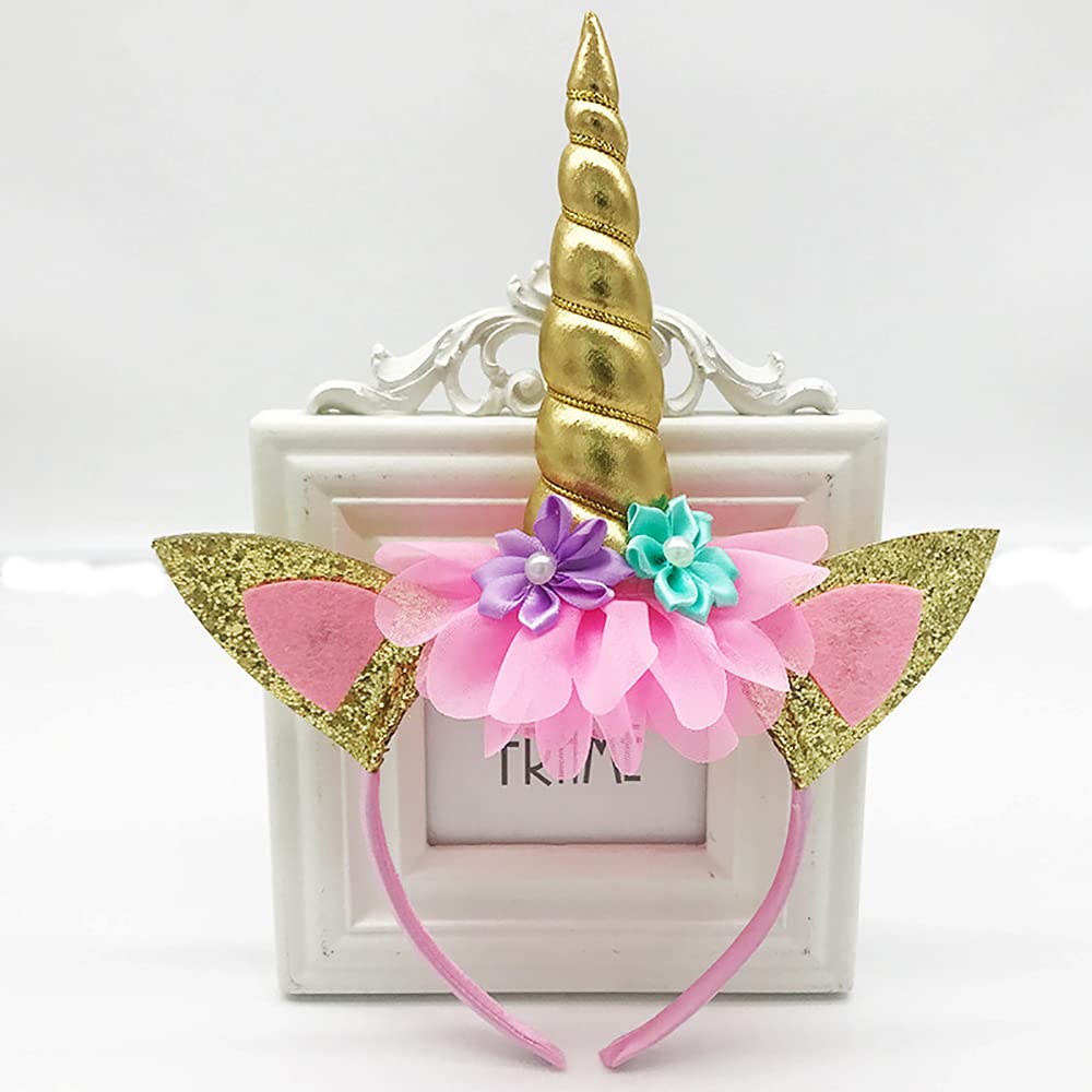 Risshine 2Pcs Unicorn Horn Headbands Flowers Cat Ear HeadBands for Birthday Party, Christmas,Halloween,Photo Props, Unicorn Themed Party Decoration