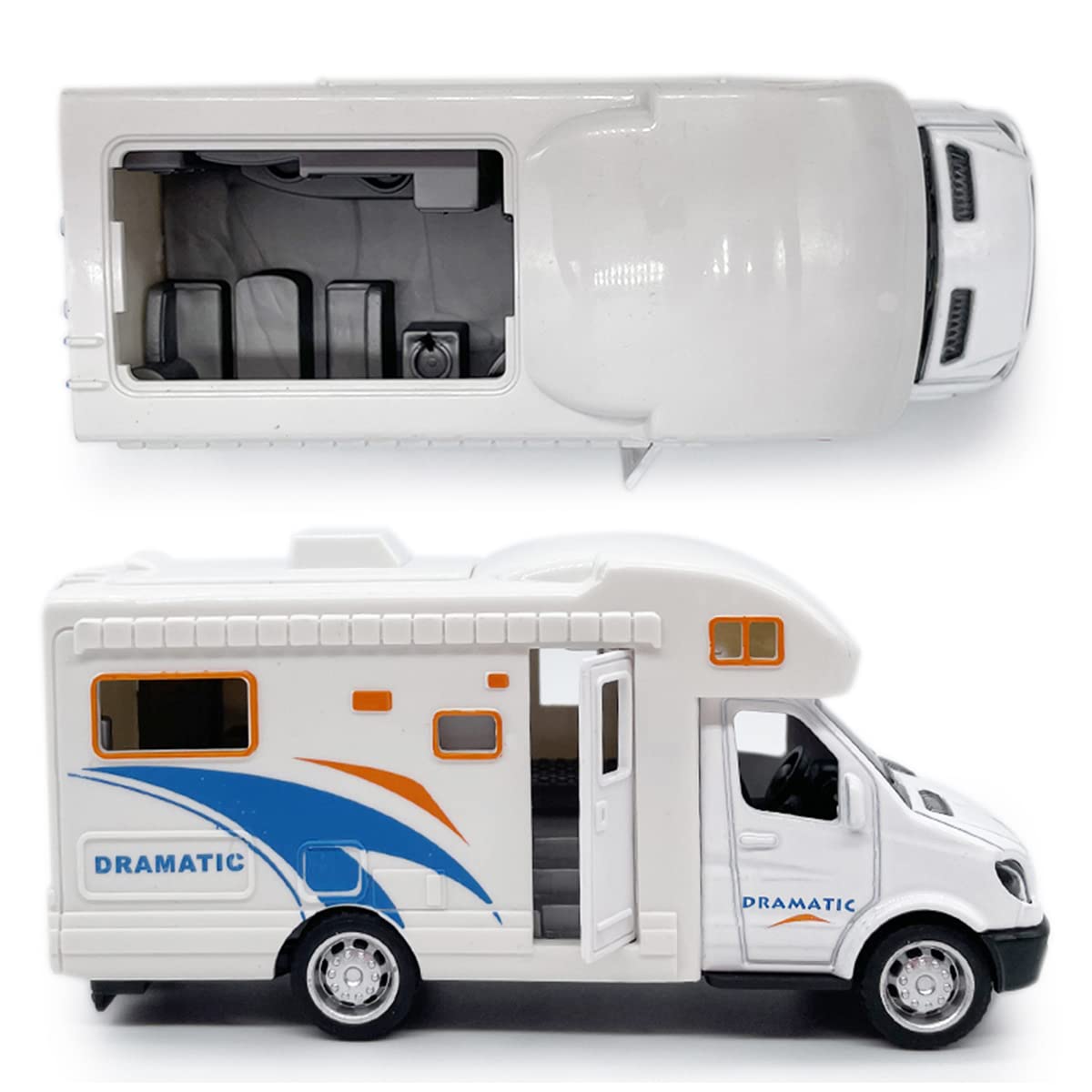 Mini Toy Camper Van RV Motorhome Toys for Boys Pull Back Diecast Model Car Recreational Vehicle Adventure with Furniture Roof and Side Door Open