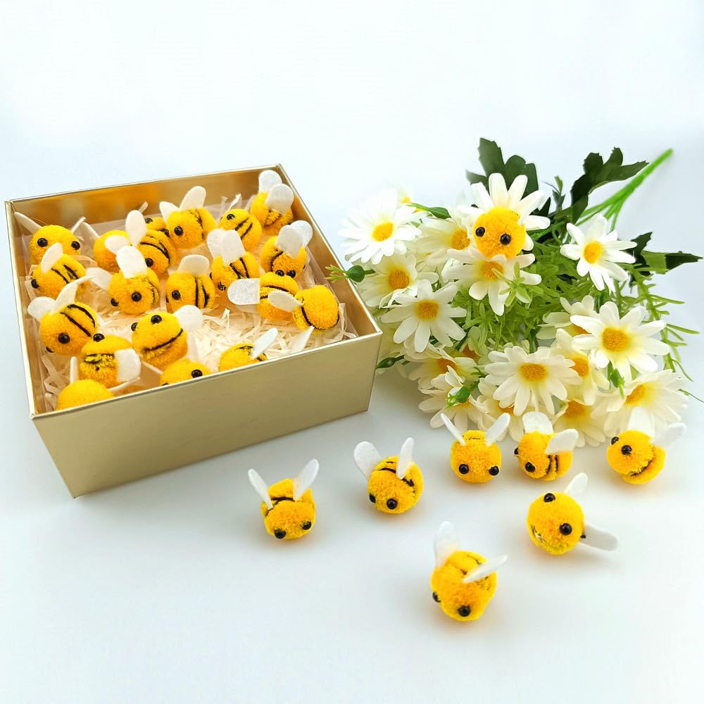SaktopDeco 28 PCS Felt Bees Wool Felt for Crafts Mini Bee Plush Decor for Bee Gender Reveal Decorations Clothing Hat Gift DIY Crafts