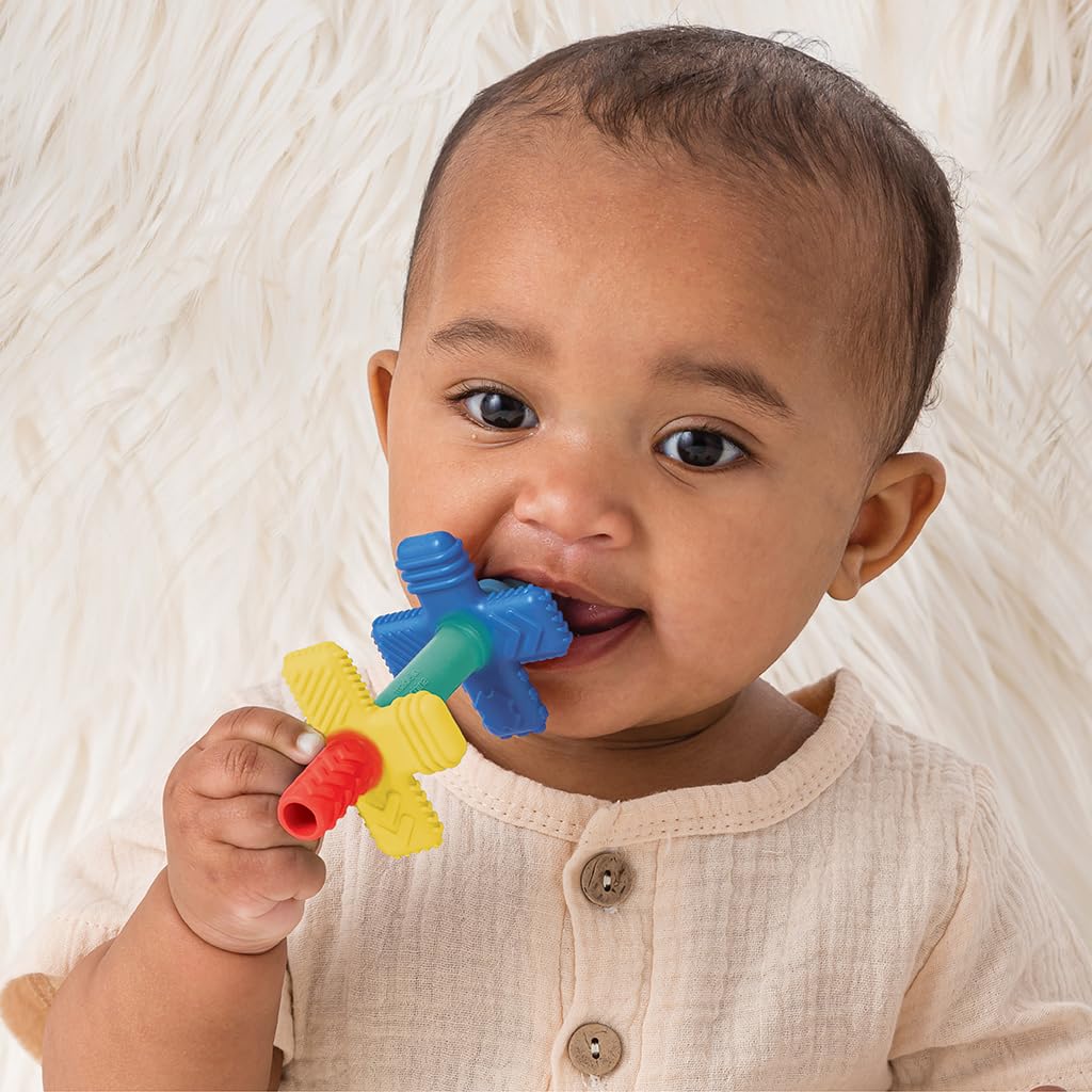Itzy Ritzy Teensy Tube Teether - Textured Hollow Baby Teething Tube that Reaches Front Teeth & Back Molars, Made of Soft Silicone (Rainbow)