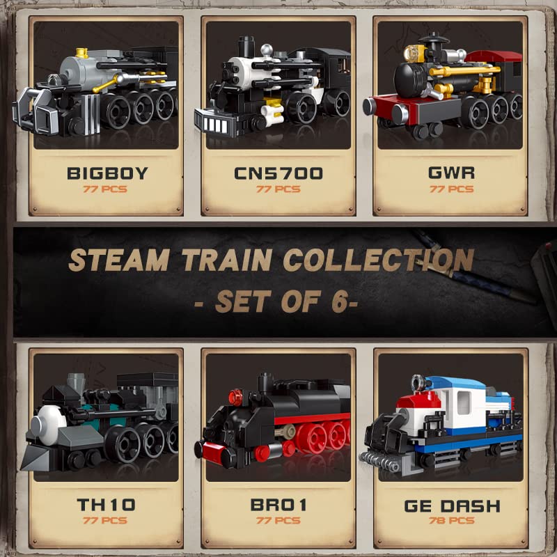 Apostrophe Games 6 in 1 Steam Trains Building Block Set - 463 Pcs - Variety of 6 Trains, Unique Retro Style Model Set, Engineering & Construction Toys