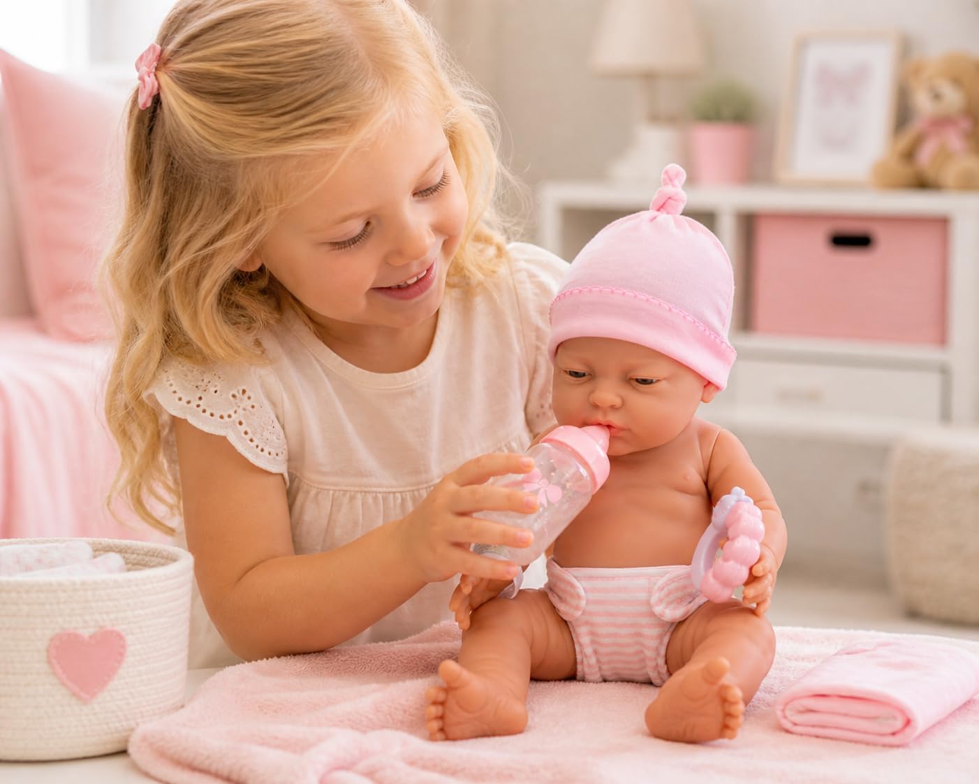 JC Toys 17" Realistic Newborn Baby Girl Doll - Made in Spain, Soft Vinyl Body with Accessories, Dressed in Pink