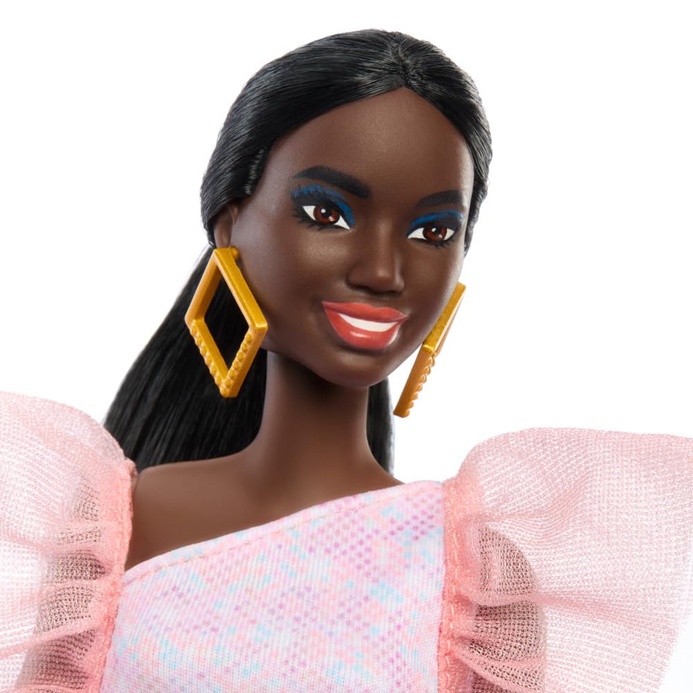 Barbie Fashionistas Doll #216 with Tall Body & Black Hair in Low Ponytail in Pink & Peach Party Dress, 65th Anniversary Collectible Toy
