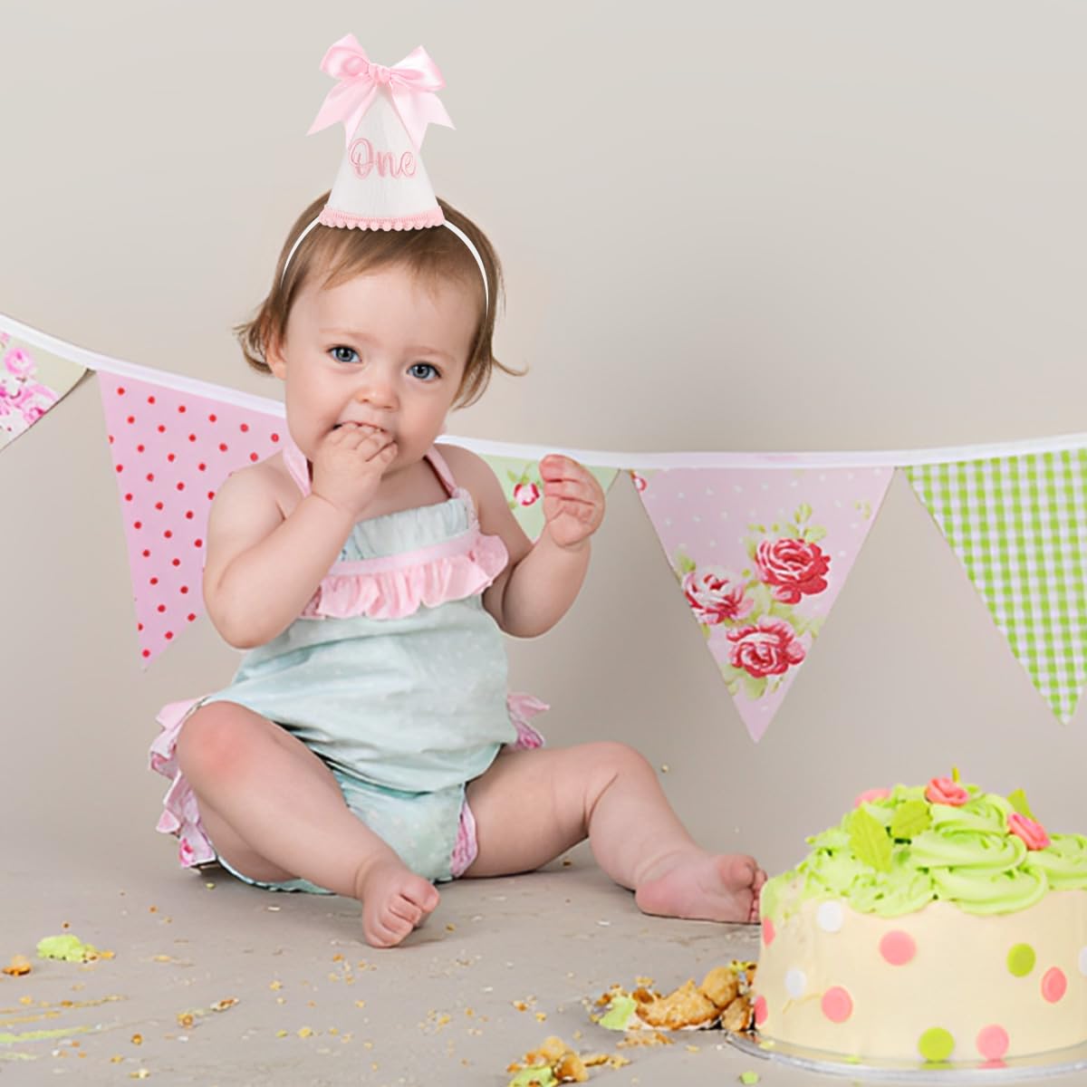 Kaniwati Pink Bow 1st Birthday Hat, Bow Girl 1st Birthday Hat, Pink Themed Decoration, Baby Girl Party Hat, Cake Smash Outfit(CXMZ-ONE-HDJ)