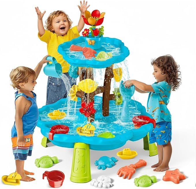 Linkowin Kids Flower Water Sand Table for Toddlers, 2 Tier Kids Outdoor Water Sand Play Table Toys, Splash Sensory Table for Summer Beach Activity