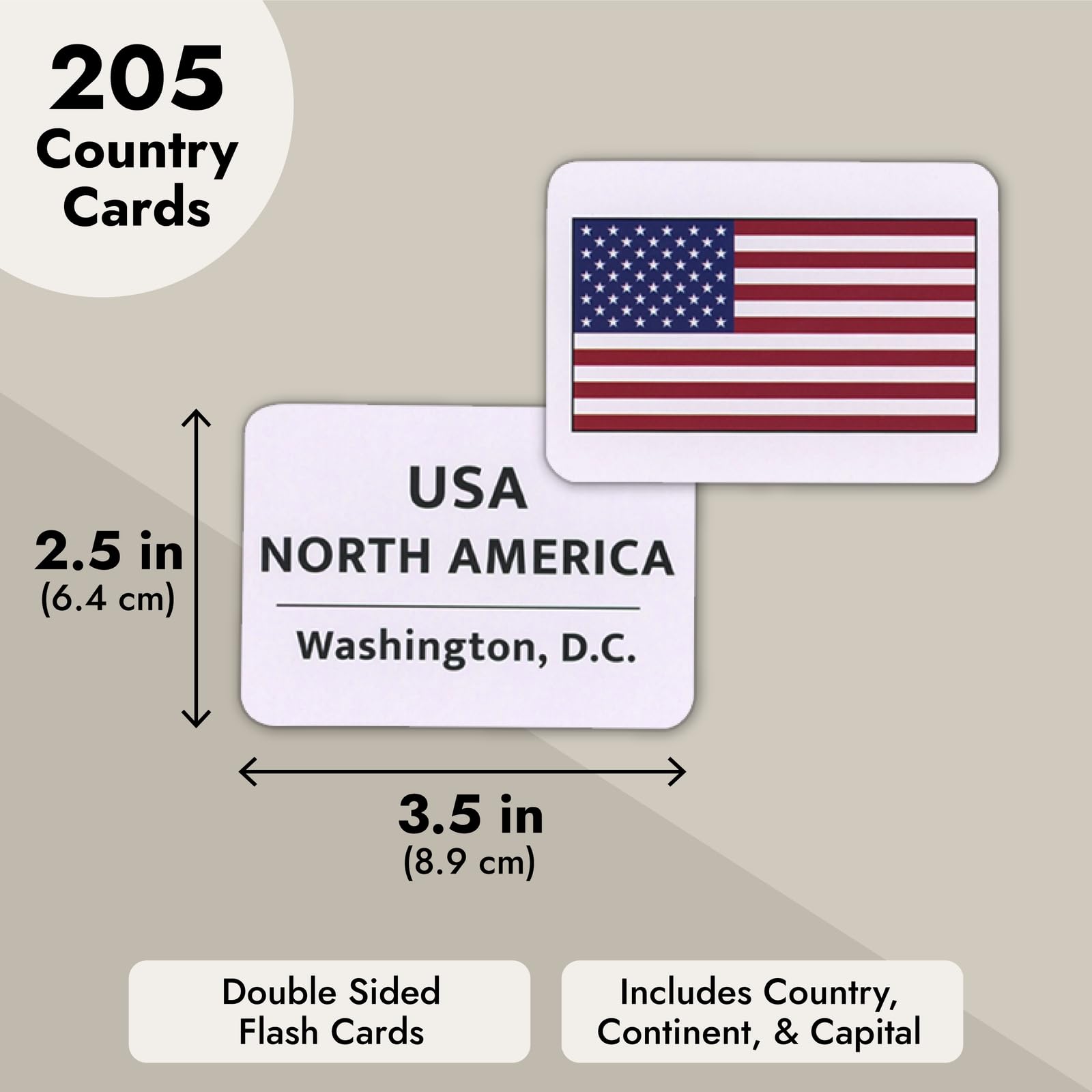 Blue Panda 205 Country Flags Flash Cards - 2.5 x 3.5 in Double-Sided Cards - Geography Learning for Kids with Capitals & Continents - World Flag