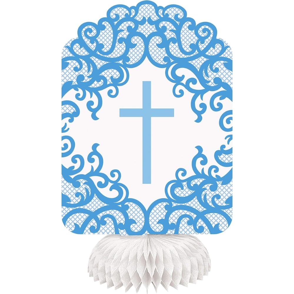 Fancy Blue Cross Honeycomb Decorations - 8" (Pack of 3) - Stunning Paper Party Decor for Baptism, Communion, and Religious Events