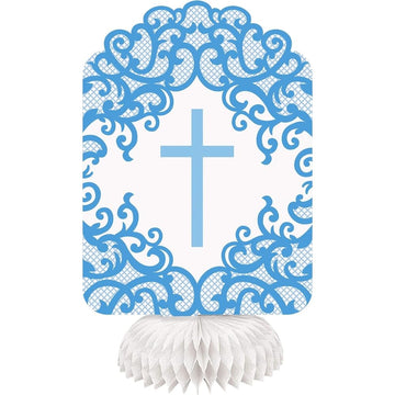 Fancy Blue Cross Honeycomb Decorations - 8" (Pack of 3) - Stunning Paper Party Decor for Baptism, Communion, and Religious Events
