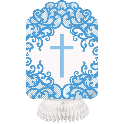 Fancy Blue Cross Honeycomb Decorations - 8" (Pack of 3) - Stunning Paper Party Decor for Baptism, Communion, and Religious Events