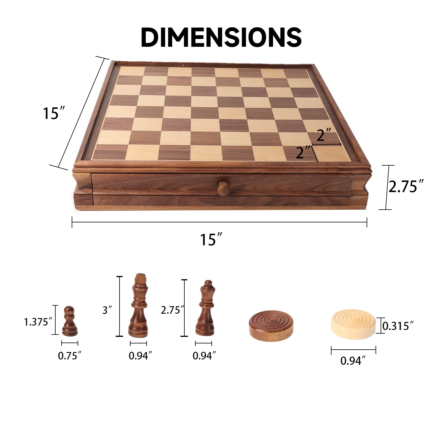 GSE Games & Sports Expert 15" Large Wooden 2-in-1 Chess & Checkers Board Game Combo Set with Drawer, Board Games Chess Checker Set for Kids & Adults