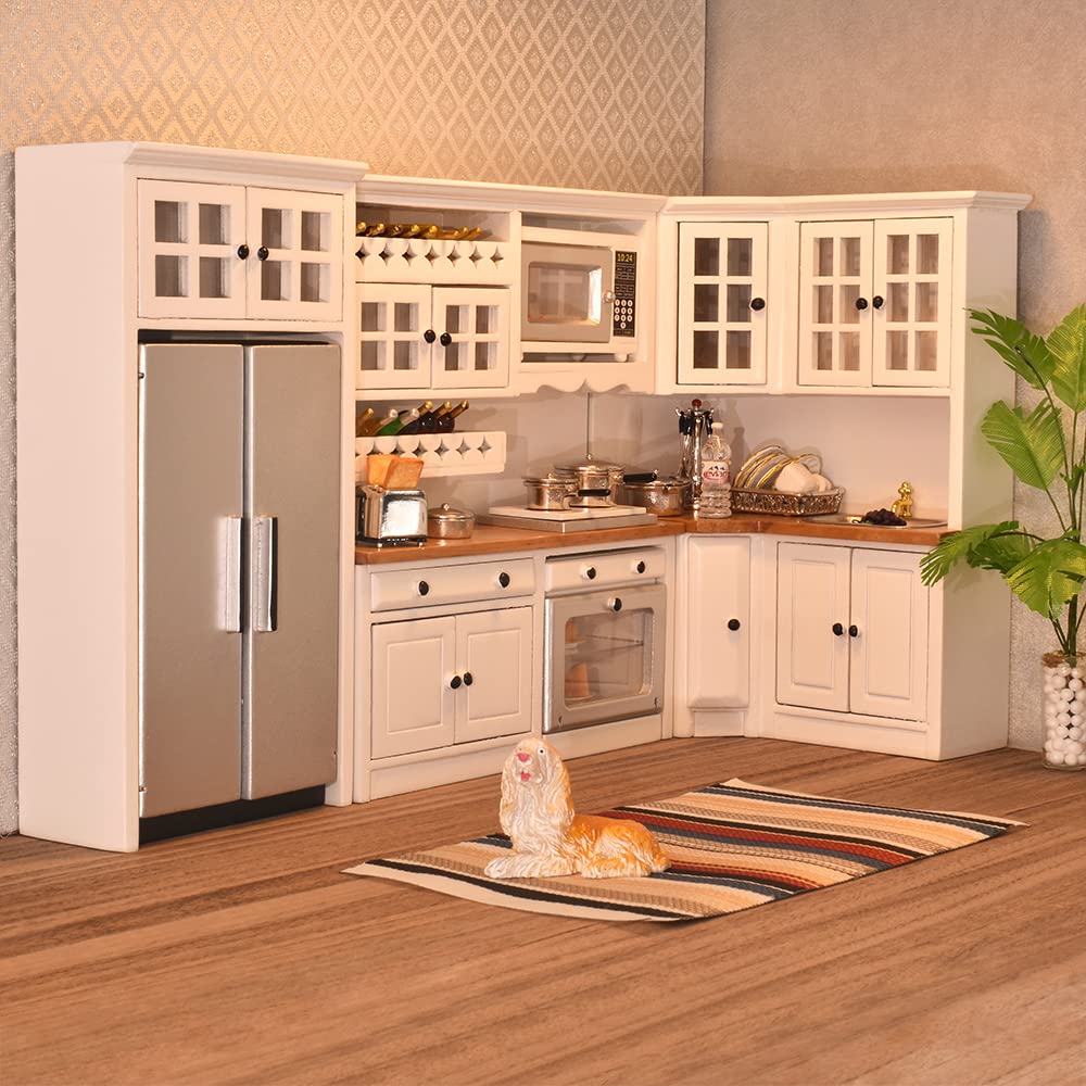 iLAND Dollhouse Furniture and Accessories Set Dollhouse Kitchen Modern Kit, Complete Miniature Cabinets Oven Refrigerator with Cookware fit 1/12 Scale