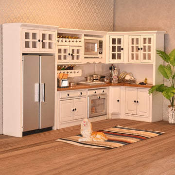 iLAND Dollhouse Furniture and Accessories Set Dollhouse Kitchen Modern Kit, Complete Miniature Cabinets Oven Refrigerator with Cookware fit 1/12 Scale