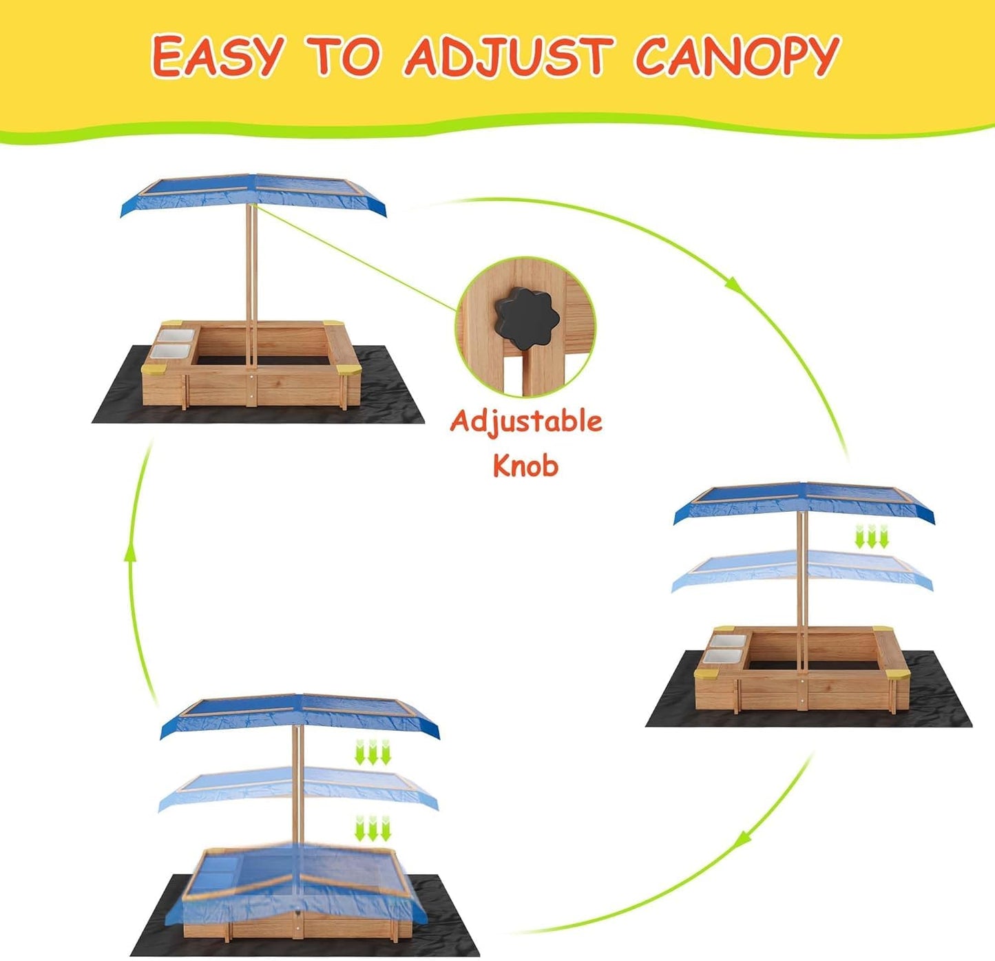 Sunvasagoo Sandbox with Lid, Kids Sandbox with 2 Plastic Boxes, Kids Outdoor Play Equipment, UV-Resistant & Adjustable Height Roof for Beach, Patio