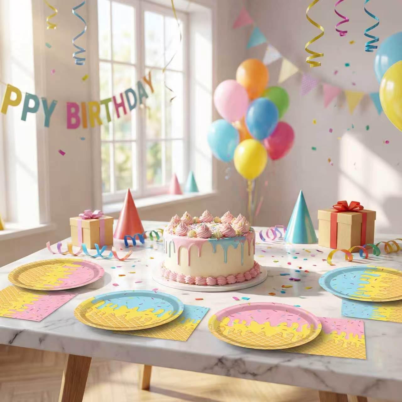 Ice Cream Birthday Party Decorations 40 Pcs Ice Cream Birthday Plates and Napkins Set,Disposable Summer Theme Tableware Kit Party Table Decorations