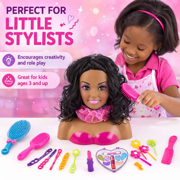 Liberty Imports African American Black Makeup and Hair Styling Doll Head Toy Playset with Real Washable Cosmetic and Fashion Dress Up Accessories