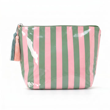 LDWZAX Striped Makeup Bag: Waterproof Cosmetic Pouch with Zipper, Large Travel Toiletry Organizer, Canvas & Clear PVC Tote Fits Mahjong Tiles (Pink