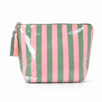 LDWZAX Striped Makeup Bag: Waterproof Cosmetic Pouch with Zipper, Large Travel Toiletry Organizer, Canvas & Clear PVC Tote Fits Mahjong Tiles (Pink