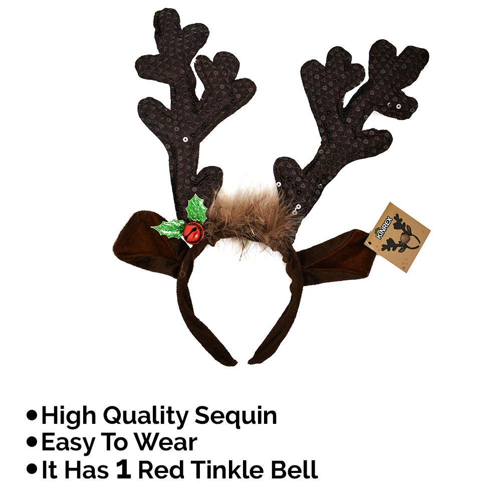 KINREX Christmas Reindeer Antlers Hat - Festive Reindeer Headbands made of Sequin Fabric- 13.5” x 10.5” Reindeer Antler Headbands Great for Kids
